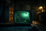 Fototapeta  - Old TV in a dark room. Scary halloween concept