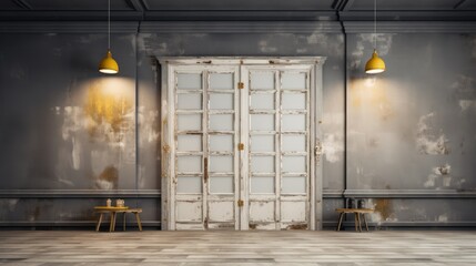 Canvas Print -  a room with two chairs, a table and a door that has been painted white and has a yellow light on the side of the door and a yellow light on the other side of the door.