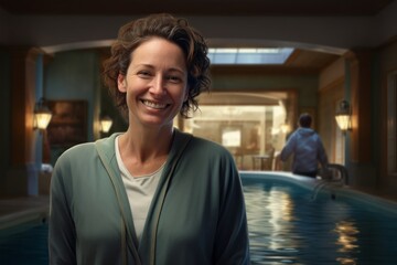 Wall Mural - Portrait of a grinning woman in her 40s sporting a long-sleeved thermal undershirt against a soothing spa interior. AI Generation