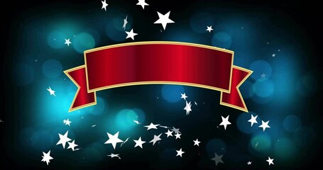 Poster - Animation of red banner with copy space and stars falling over blue background