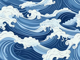  Traditional illustration of bombora Chinese / Japanese ocean waves. The waves are big and choppy. Tile style,