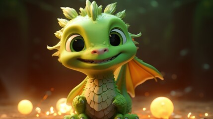 Poster -  a little green dragon sitting on top of a floor next to a pile of lit up candles on a dark surface with lights behind it and a dark green background.