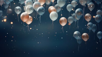 Poster -  a bunch of white and gold balloons floating in the air with sparkles on the bottom of the balloons and on the bottom of the balloons is a dark blue background.