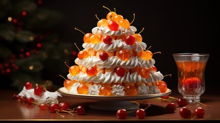 Sticker -  a cake that is sitting on a table next to a glass of orange juice and a glass of orange juice and a cherry on a plate next to the cake.