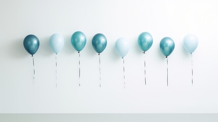 Poster -  a row of blue balloons in the shape of a number of balloons on a string, with a white wall in the background and a white wall in the foreground.