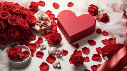 Sticker -  a heart shaped box sitting on top of a table next to a bouquet of red roses and a heart shaped box with a candy in the middle of the box.