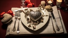  A White Plate Topped With A Heart On Top Of A Table Next To A Knife, Fork, Spoon And Knife Rest On Top Of A Napkin With A Red Ribbon.