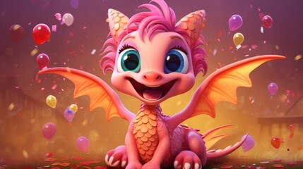 Poster -  a little pink dragon sitting on top of a floor next to a pile of balloons and confetti on a purple background with a purple sky filled with lots of balloons.