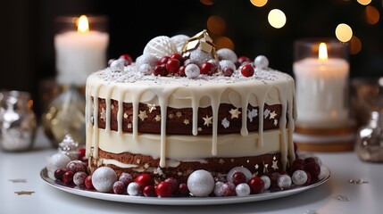 Canvas Print -  a decorated cake sitting on top of a white plate next to a lit candle and a christmas decoration on the side of the cake is frosted cake with white icing and red berries.