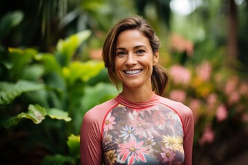 Wall Mural - Portrait of a smiling woman in her 40s sporting a breathable mesh jersey against a lush botanical garden. AI Generation