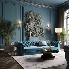 Wall Mural - Elegant living room interior with a classic blue velvet sofa