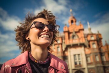 Wall Mural - Portrait of a smiling woman in her 40s wearing a trendy sunglasses against a backdrop of a grand castle. AI Generation