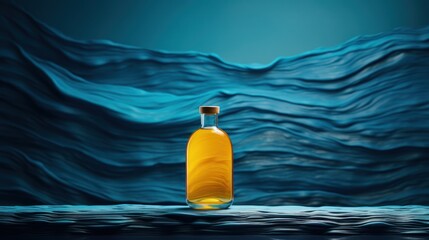 Wall Mural -  a bottle of liquid sitting on top of a table next to a blue wave covered wall with a bottle of liquid sitting on top of a table in front of it.