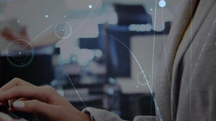 Poster - Animation of network of connections with circles over caucasian businesswoman using tablet