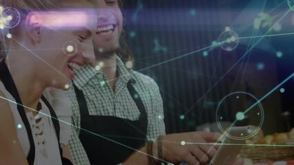 Poster - Animation of network of connections with circles over caucasian colleagues using tablet