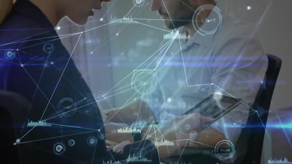 Poster - Animation of network of connections with data processing over caucasian colleagues using tablet
