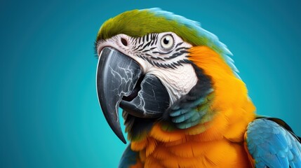 Sticker -  a close up of a parrot with a blue and yellow color scheme on it's face and neck, with a blue background and a blue sky in the background.