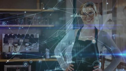 Poster - Animation of network of connections with data processing over caucasian female barista