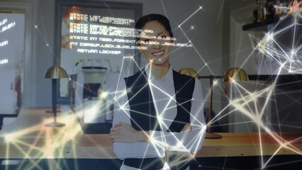 Poster - Animation of network of connections with data processing over biracial businesswoman