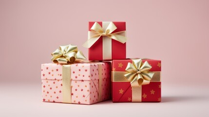 Wall Mural -  three wrapped gift boxes with gold bows and bows on top of one of the boxes is pink with gold stars and a gold bow on the top of the box is pink.