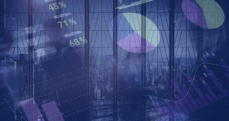 Wall Mural - Animation of financial data processing over business people walking and cityscape