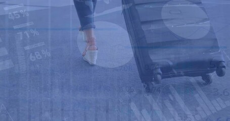 Poster - Animation of financial data processing over caucasian woman walking with suitcase on street