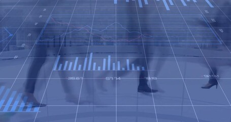 Poster - Animation of financial data processing over business people walking and cityscape