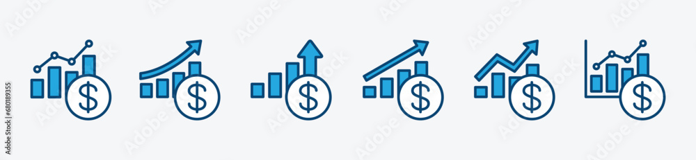 Financial increase graph icon set. Rising financial chart or graph ...