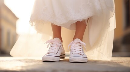  a close up of a person's feet wearing white tennis shoes and a white dress with a white skirt and a white dress with a black stripe on the bottom.