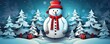 Snowman standing in witer snowy landscape, christmas greeting card banner illustration. Generative Ai.