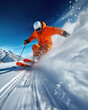 Adrenaline Rush: A Skier's Freeride Down the Snowy Mountain Slope, the orange ski suit contrasts with the blue of the sky and the purity of the snow, trail of snow behind the athlete