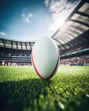 Fototapeta Sport - Rugby Ball Ready for Action on a Vibrant Green Field in a stadium, mockup concept, vertical sport banner  