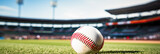 Fototapeta Fototapety sport - baseball stadium with a baseball ball resting on the center of a panorama image, design banner for your text