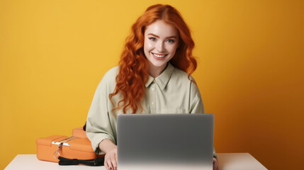 Wall Mural - Smiling cheerful smart young ginger man wearing casual teenage clothes using laptop computer pose looking at camera isolated color background