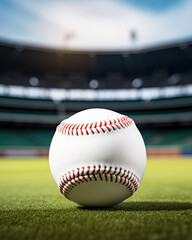 Wall Mural - perfect baseball ball close up on a field isolated with a stadium in a blurred background, vivid color, design banner for your text