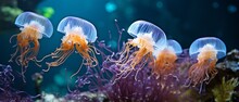 In An Aquarium With Blue Lighting, Rhizostoma Pulmo, Also Referred To As Barrel Jellyfish.