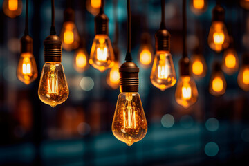 Group of vintage incandescent light bulbs illuminated in a dark environment. Decorative vintage design lightbulbs.Light Bulbs for Pendant Light.