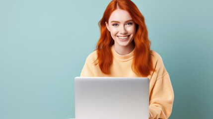 Wall Mural - Smiling cheerful smart young ginger woman wearing casual teenage clothes using laptop computer pose looking at camera isolated color background