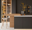 Modern kitchen interior in black colors. 3d render	