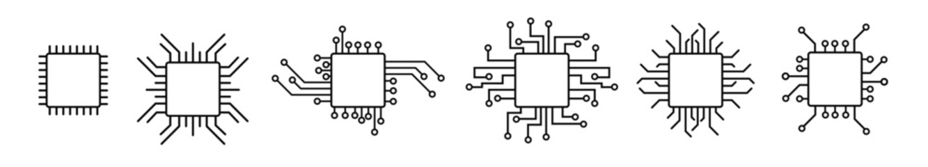Poster - Tech cpu chip icon. Digital ai deep learning futuristic frame. Line microchip game interface vector