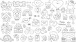 Vector black and white set of Saint Valentine day elements with cupid, unicorn, hearts, cats, rainbow, perfect match. Cute funny kawaii line illustration or coloring page for kids with love concept