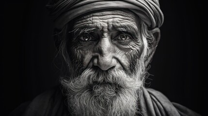  a black and white photo of an old man with a turban on his head and a serious look on his face.