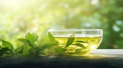 Poster -  a cup of green tea sitting on top of a table next to a bowl of tea leaves on top of a table.