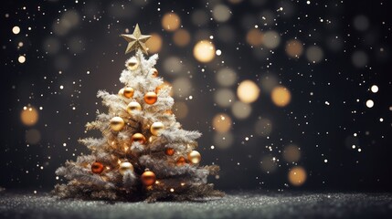 Poster -  a christmas tree with a star on top of it in front of a black background with gold and silver ornaments.