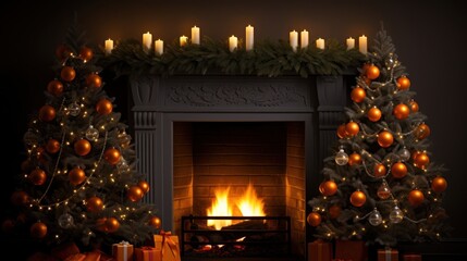 Poster -  a fireplace with a lit christmas tree next to a fire place with candles on the mantle and a lit christmas tree next to it.