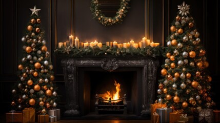 Canvas Print -  a fireplace with a bunch of christmas decorations around it and a bunch of lit candles in front of the fireplace.