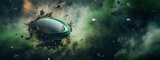 Fototapeta Fototapety sport - A Green and White Rugby Ball Soaring Through the Air in an explosion of green smoke, piece of dirt and stadium turf, dynamic and original composition of a ball frozen in time, panorama banner 