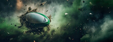 A Green And White Rugby Ball Soaring Through The Air In An Explosion Of Green Smoke, Piece Of Dirt And Stadium Turf, Dynamic And Original Composition Of A Ball Frozen In Time, Panorama Banner 