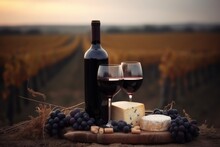 Wine Bottle With Red Wine With Two Wineglasses, Grape And Different Types Of Cheese On The Restaurant Table Outdoors, Background Of Vineyard Fields With Grape