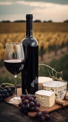 Wall Mural - wine bottle with red wine with two wineglasses, grape and different types of cheese on the restaurant table outdoors, background of vineyard fields with grape